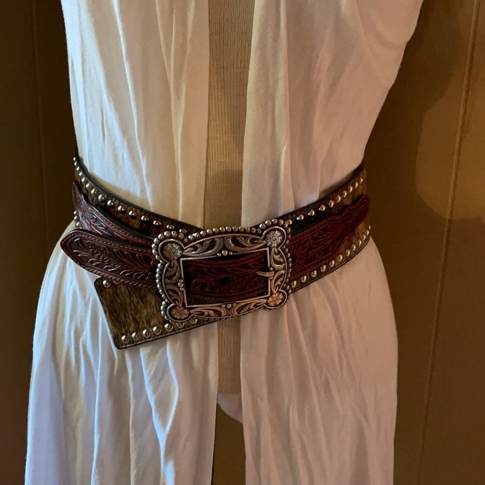 Nocona Brown Tooled Leather Western Belt with Silver Buckle and Hair-On Accent